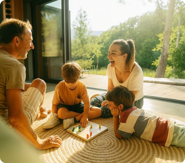 Família se divertindo em casa com vista para a natureza